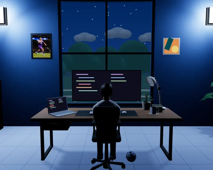 My Blue Hour workspace, with a desk, computer and a window looking onto the evening sky